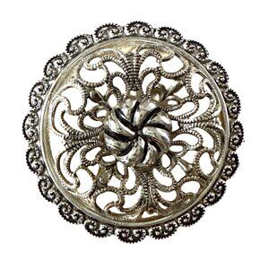Vintage West Germany Ornate Silver-Tone Filigree Adjustable Clip-On Brooch Pin